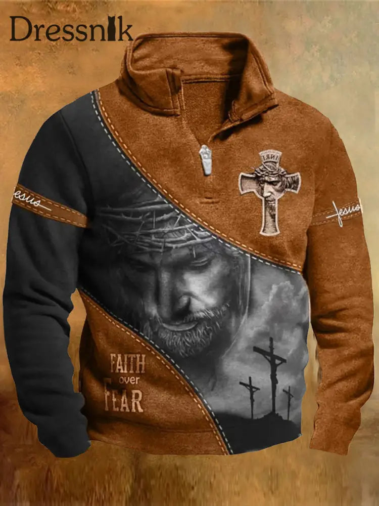 Herren Western Faith Spleißen Print Revers Kragen Reiß Verschluss Lässig Lose Sweatshirt A / S