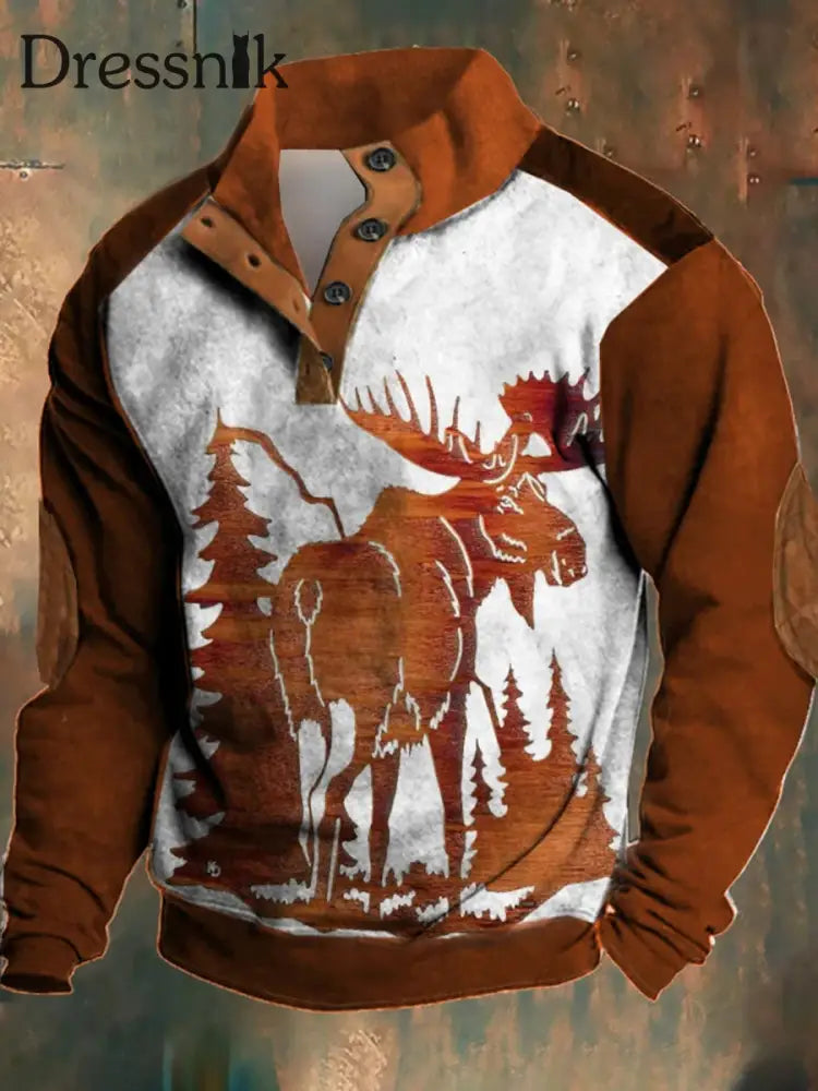 Herren Western Hirsch Holzmaserung Druck Stand Kragen Reiß Verschluss Flush Outdoor Sweatshirt A / S