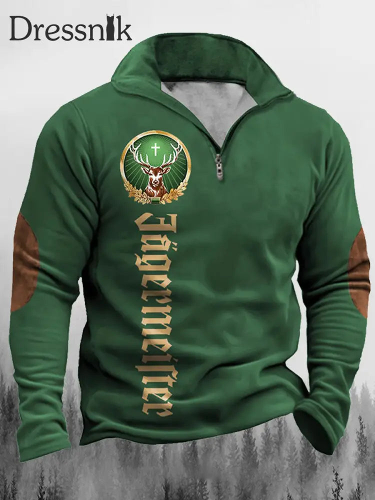 Herren Western Jägermeister Druck Umdrehen Kragen Reiß Verschluss Flush Outdoor Sweatshirt A / S