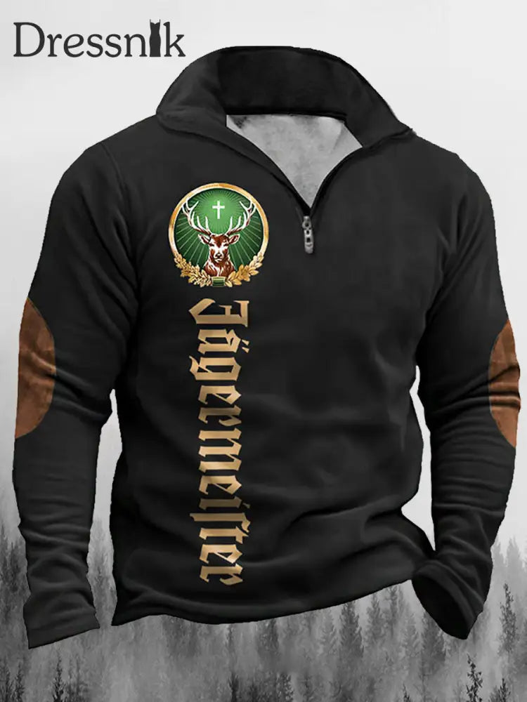 Herren Western Jägermeister Druck Umdrehen Kragen Reiß Verschluss Flush Outdoor Sweatshirt C / S