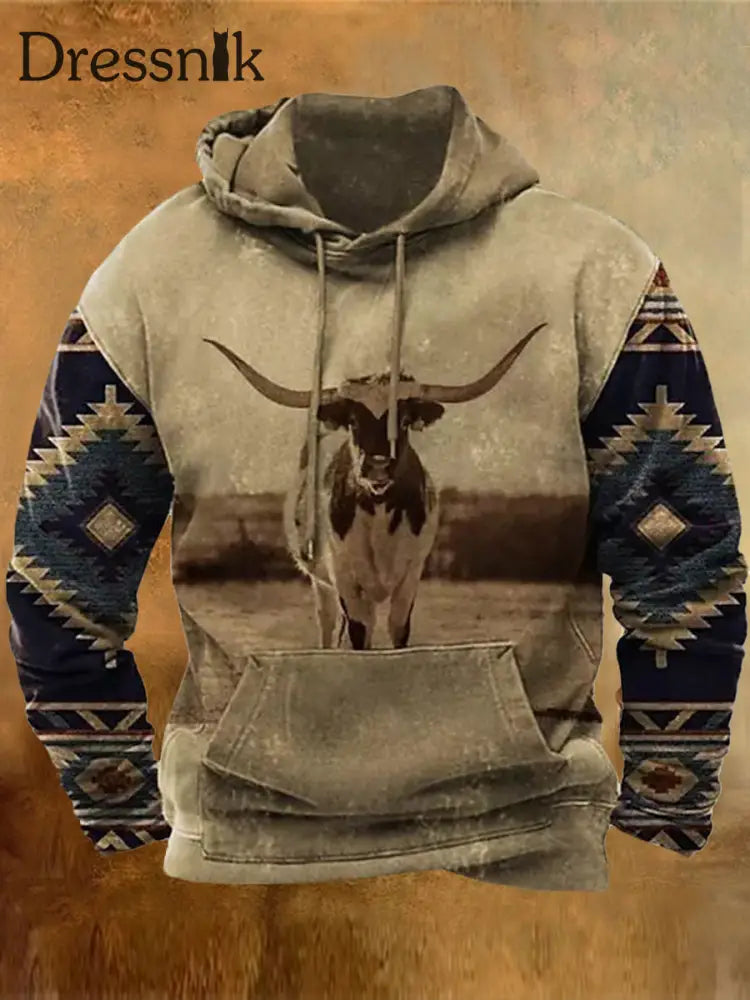 Herren Western Kuh Retro Foto Druck Lässig Lose Outdoor-Kordel Zug Hoodie A / S