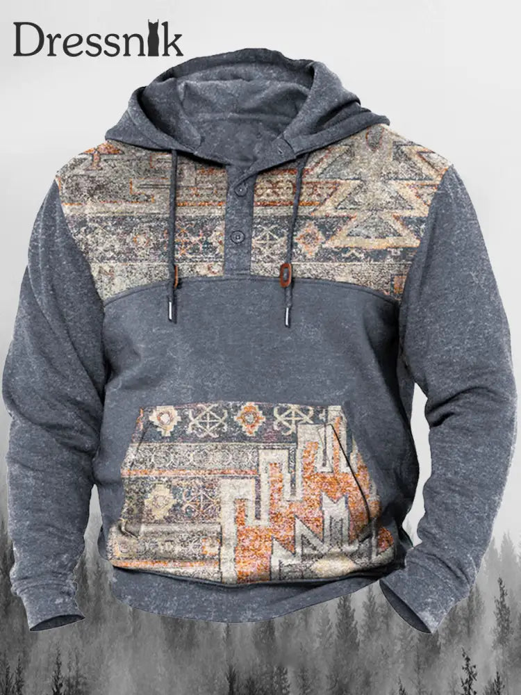 Herren Western Patchwork Print Button Kragen Lässig Lose Outdoor-Kordel Zug Hoodie A / S