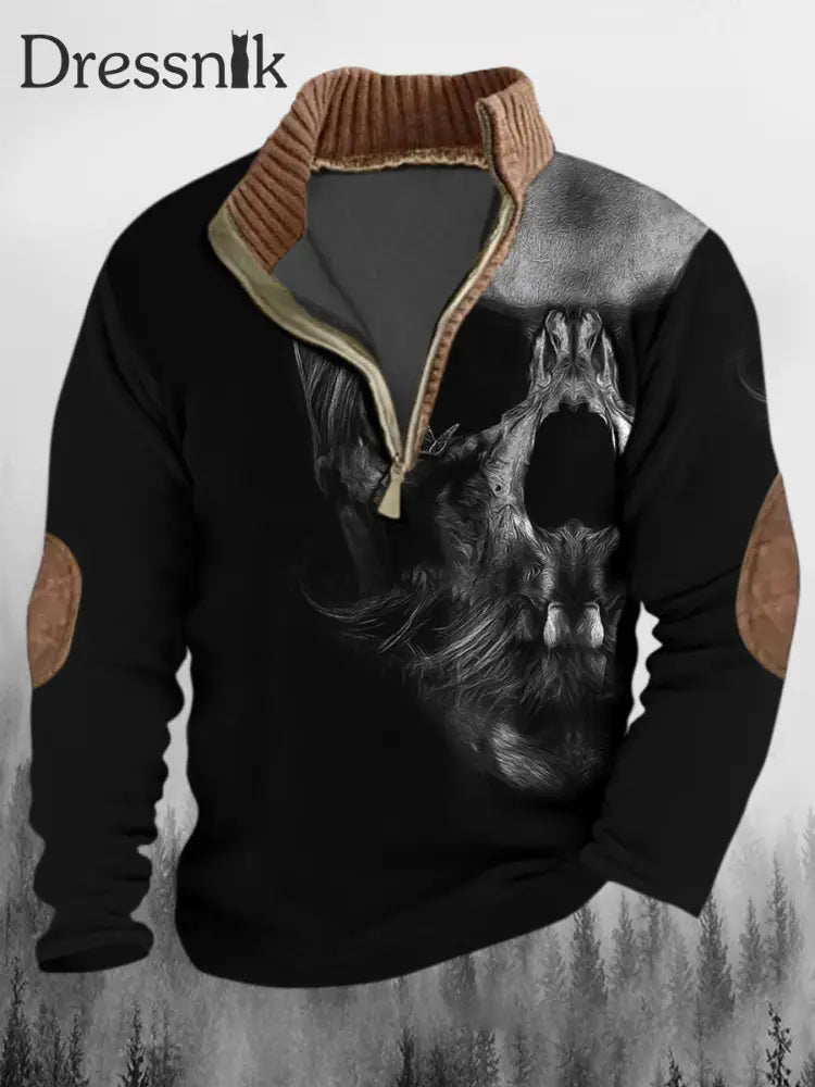 Herren Western Punk Skull Art Print Revers Reiß Verschluss Lässig Lose Spleißen Sweatshirt A / S