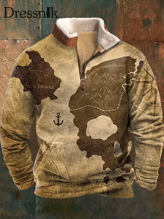 Herren Western Retro Karte Abenteuer Druck Pelz Kragen Reiß Verschluss Flush Outdoor Sweatshirt A