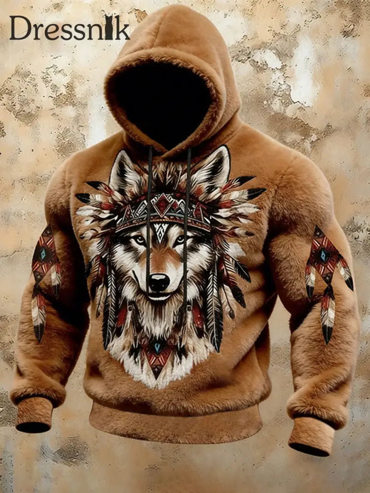 Herren Western Wolf Totem Flanell Hoodie Braun / S