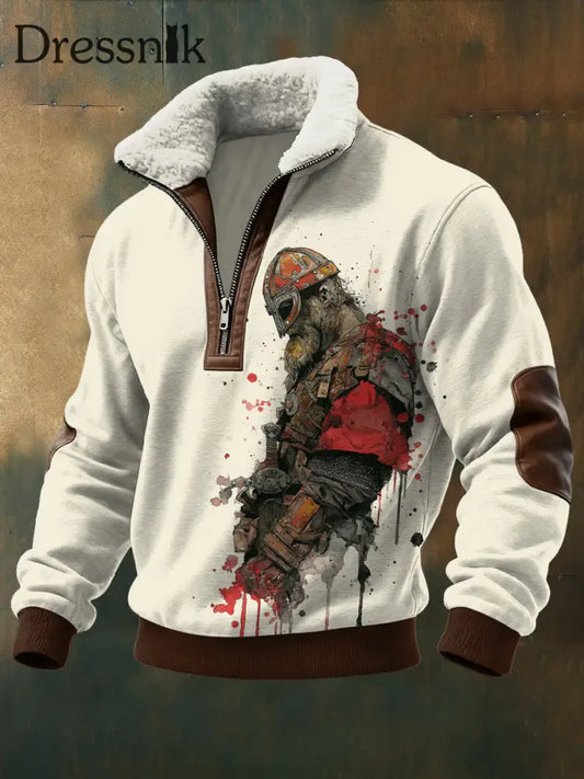 Herren Wikinger Krieger Bedruckt Lang ärmel iger Stehkragen Reiß verschluss Lamm Wolle Top Beige / S