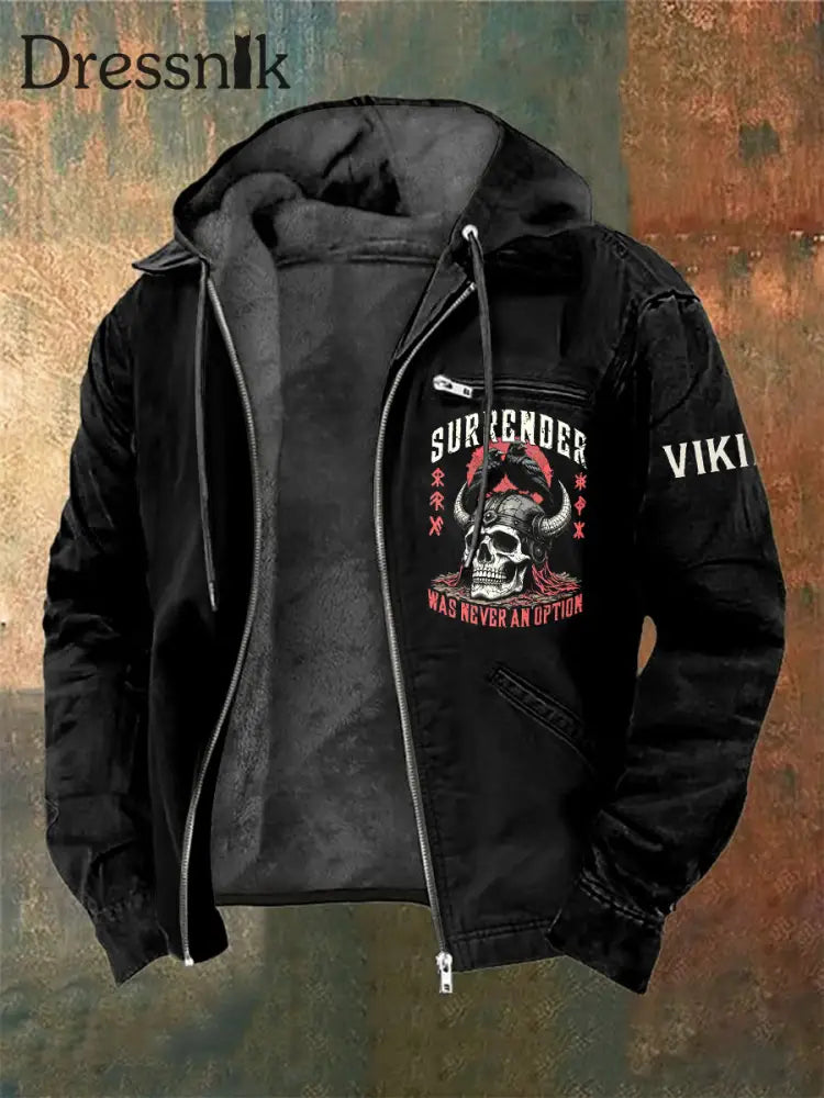 Herren-Wikinger-Krieger-Schädel-bedruckte Lang ärmel ige Kapuzen jacke Schwarz / S