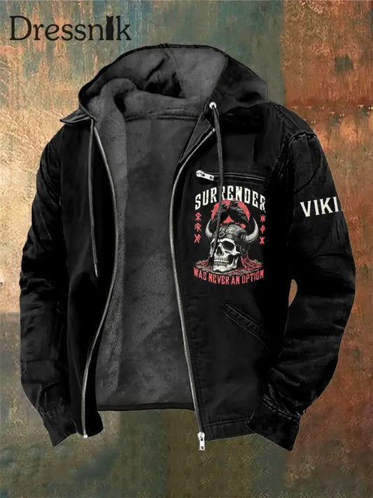 Herren-Wikinger-Krieger-Schädel-bedruckte Lang ärmel ige Kapuzen jacke Schwarz / S