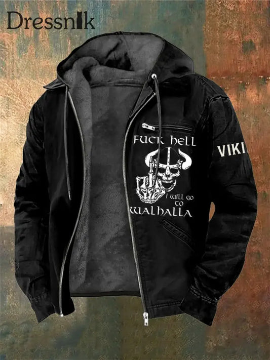 Herren-Wikinger-Krieger-Schädel-bedruckte Lang ärmel ige Kapuzen jacke Schwarz / S