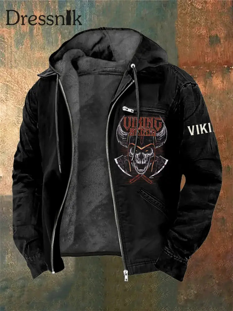 Herren-Wikinger-Krieger-Schädel-bedruckte Lang ärmel ige Kapuzen jacke Schwarz / S
