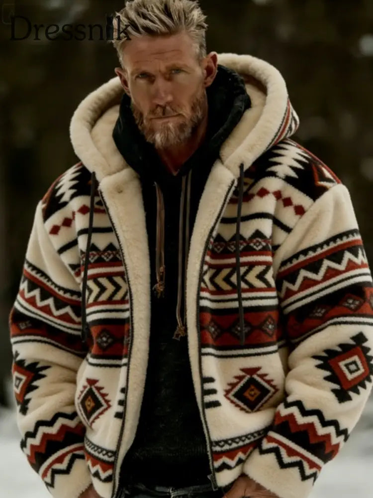 Herren Winter Azteken Geometrische Kunst Plüsch Warme Kapuzen jacke mit Reiß verschluss Khaki / S