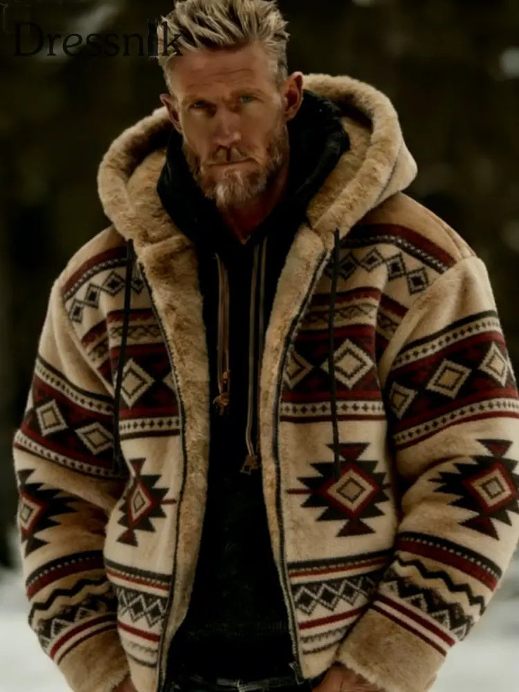 Herren Winter Azteken Geometrische Kunst Plüsch Warme Kapuzen jacke mit Reiß verschluss Khaki / S