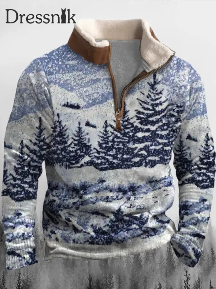 Herren Winter Schnee Wald Landschaft Textur Print Pelz Kragen Reiß Verschluss Flush Outdoor