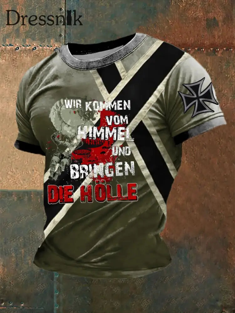 Herren Wir kommen vom Himmel bedrucktes Kurzarm-T-Shirt Armee grün / S