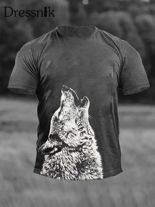 Herren Wolf Print Casual T-Shirt Dunkelgrau / S