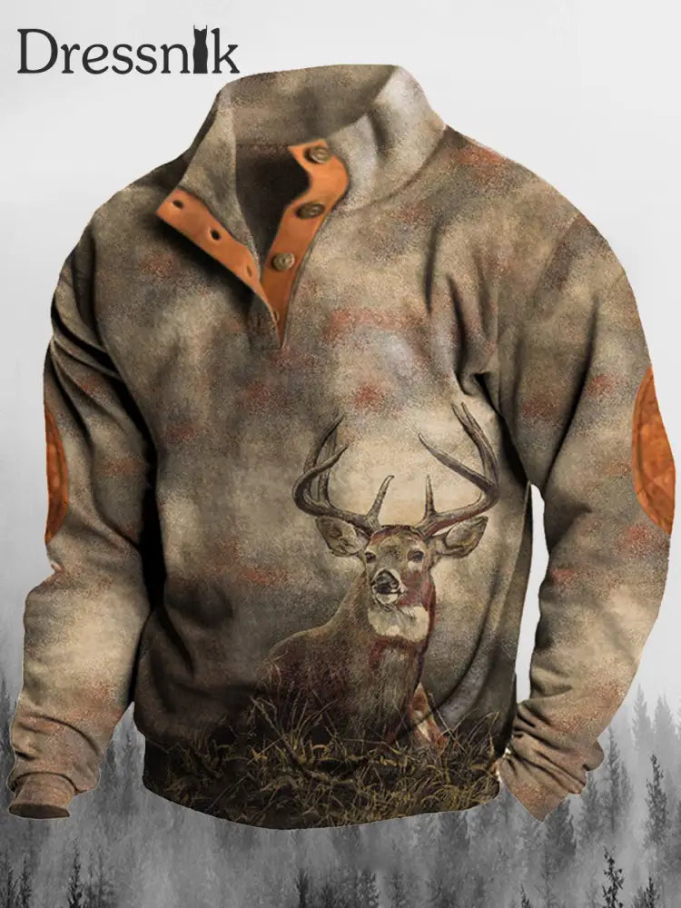 Herren Wüsten Elch Jagd Druck Stand Kragen Knopf Flush Outdoor Sweatshirt A / S