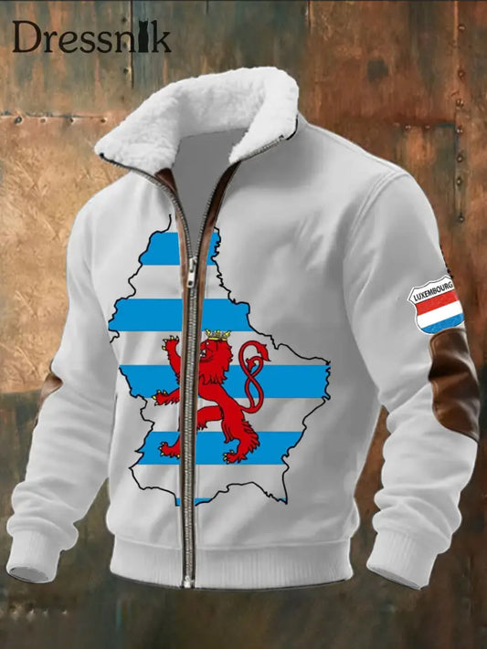 Herren’s markante Luxemburger Karte & Löwen druck Sherpa-Gelinte Reiß verschluss jacke mehrfarbig / S