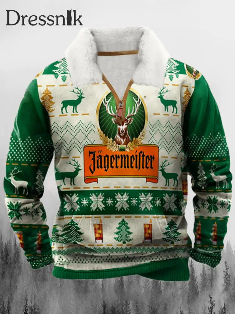 Jägermeister-Bedruckter Revers-Reiß Verschluss Mit Flauschigem Kragen Lässig Locker Sweatshirt A / S