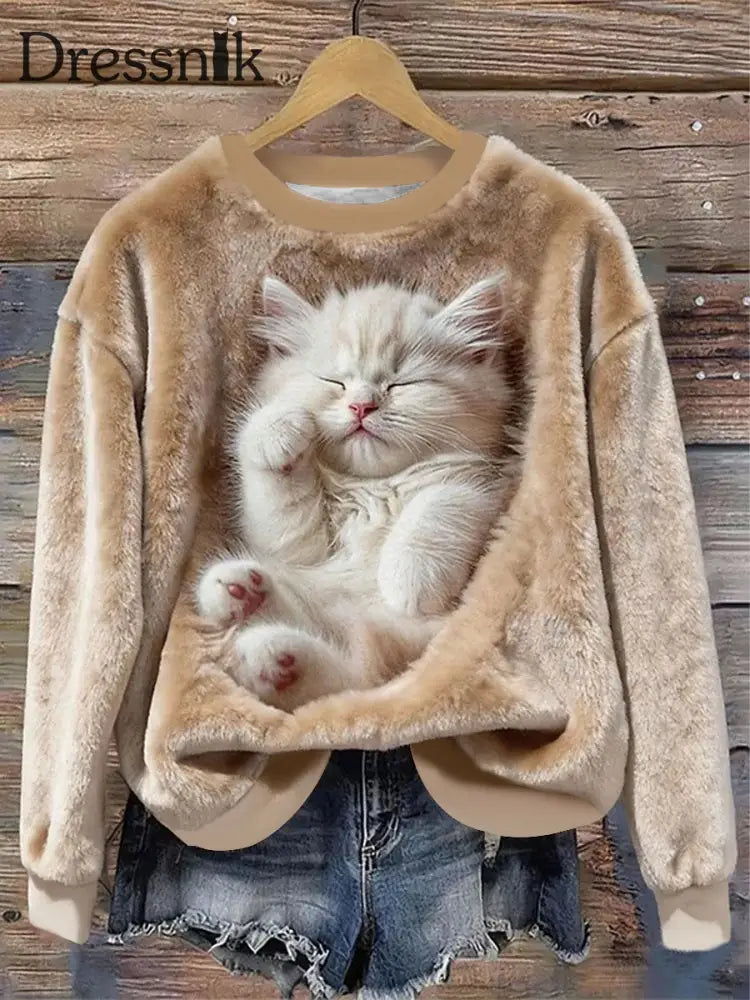 Katzen-Flanell-Sweatshirts für Damen Khaki / S