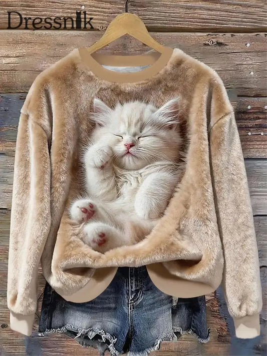 Katzen-Flanell-Sweatshirts für Damen Khaki / S