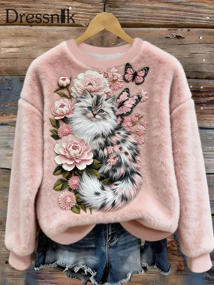 Katzen-Flanell-Sweatshirts für Damen Rosa / S