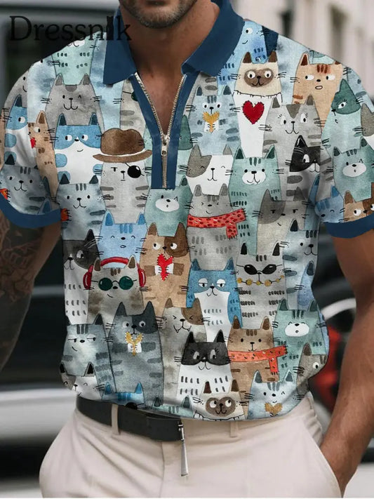 Katzen-Kunstdruck-lässiges Polos hirt für Männer blau / S