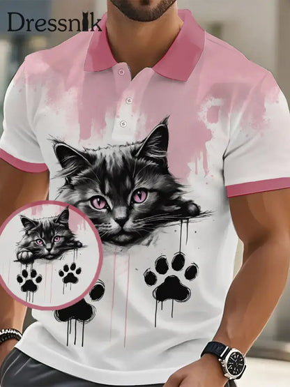 Katzen-Kunstdruck-lässiges Polos hirt für Männer Rosa / S