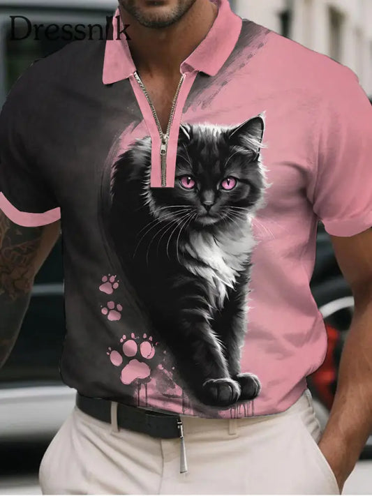 Katzen-Kunstdruck-lässiges Polos hirt für Männer Rosa / S