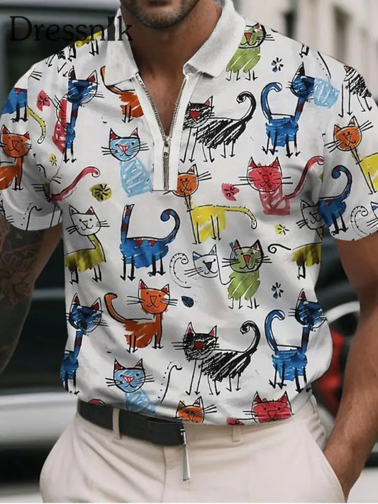 Katzen-Kunstdruck-lässiges Polos hirt für Männer Weiß / S