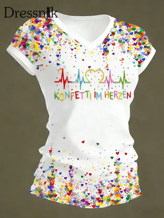 Kölner Karneval für Frauen Konfetti im Herzen Print lässiges T-Shirt mit V-Ausschnitt Weiß / S