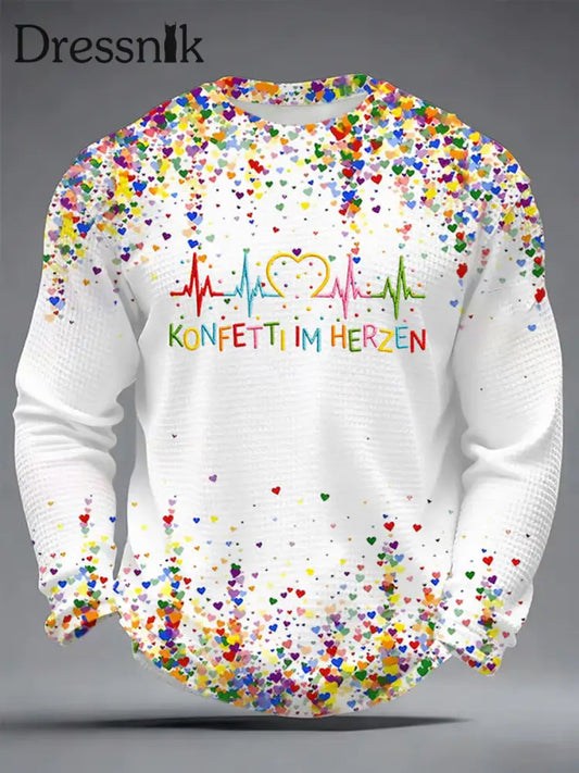 Kölner Karneval Konfetti im Herzen Druck Lässiges Waffel-Langarm-T-Shirt für Herren Weiß / S