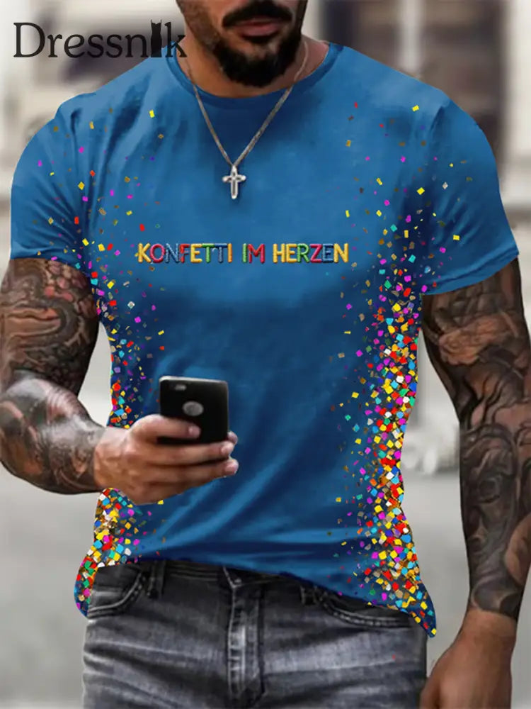 Kölnisch Karneval Print T-Shirt für Herren kurze Ärmel Blau / S