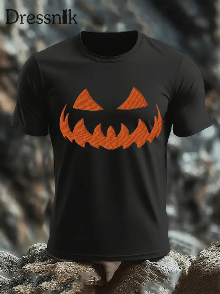 Kurzärmliges T-Shirt für Männer mit Halloween-Kürbis gesicht Schwarz / S