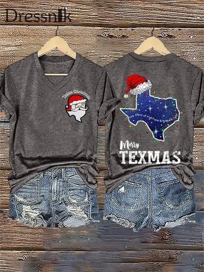 Kurzärmliges T-Shirt mit Weihnachtsmann-Print für Damen Dunkelgrau / S