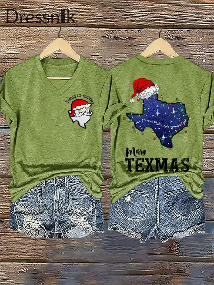 Kurzärmliges T-Shirt mit Weihnachtsmann-Print für Damen Grün / S