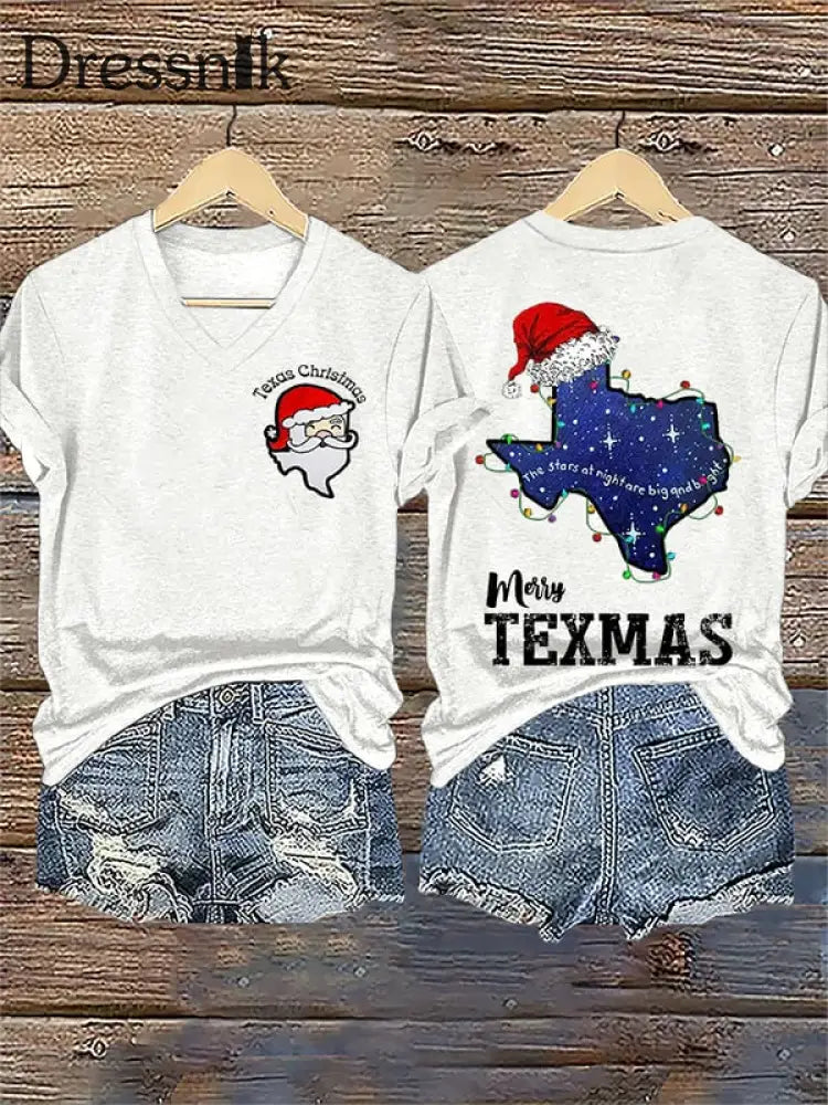 Kurzärmliges T-Shirt mit Weihnachtsmann-Print für Damen Weiß / S