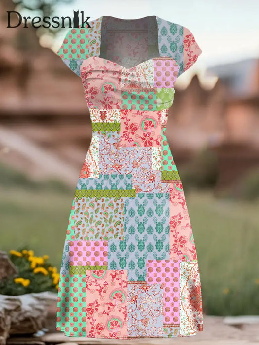 Kurzarm kleid mit Blumen druck für Damen Retro-Kunst als bild / S