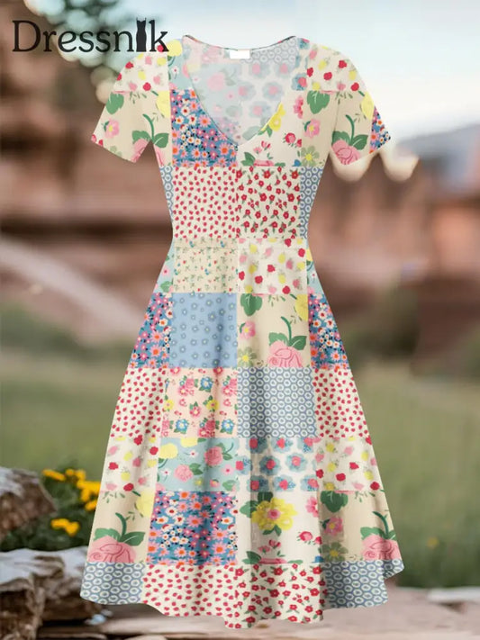 Kurzarm kleid mit Blumen druck für Damen Retro-Kunst als bild / S