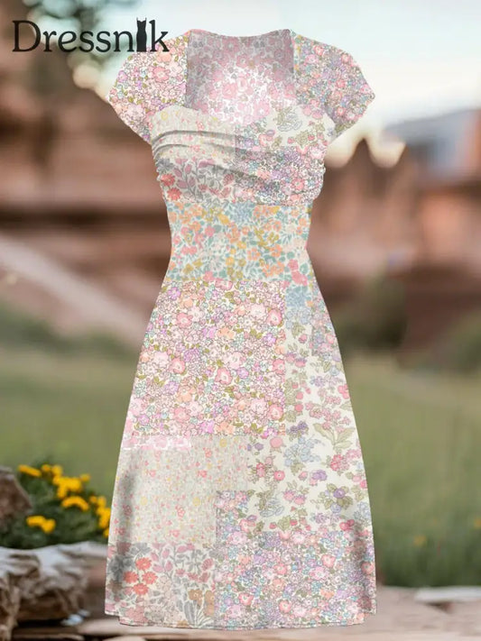 Kurzarm kleid mit Blumen druck für Damen Retro-Kunst Hellrosa / S
