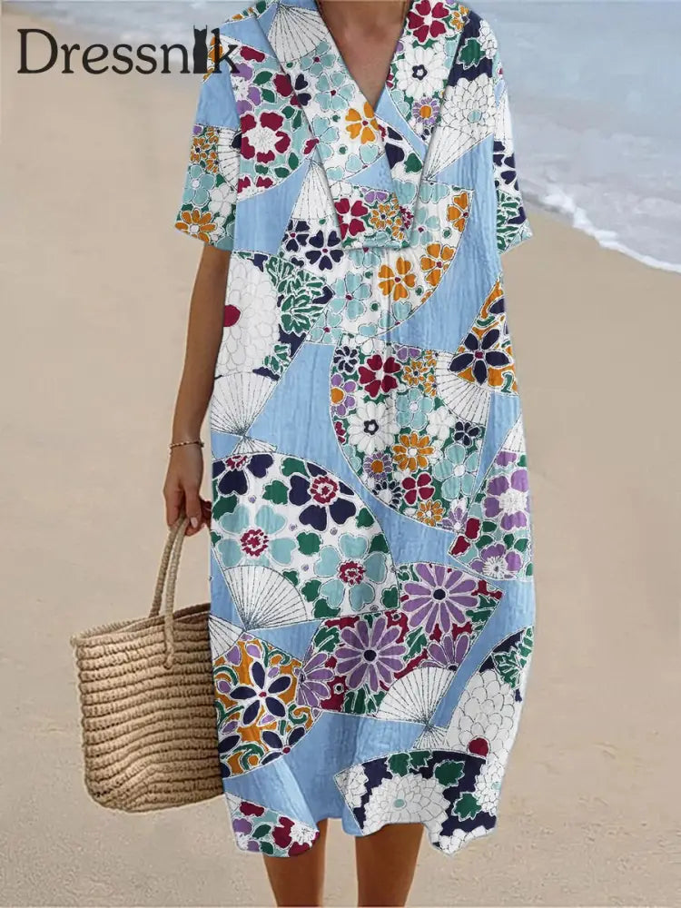 Kurzarm kleider mit geometrischem Kunstdruck für Damen Vintage blau / S