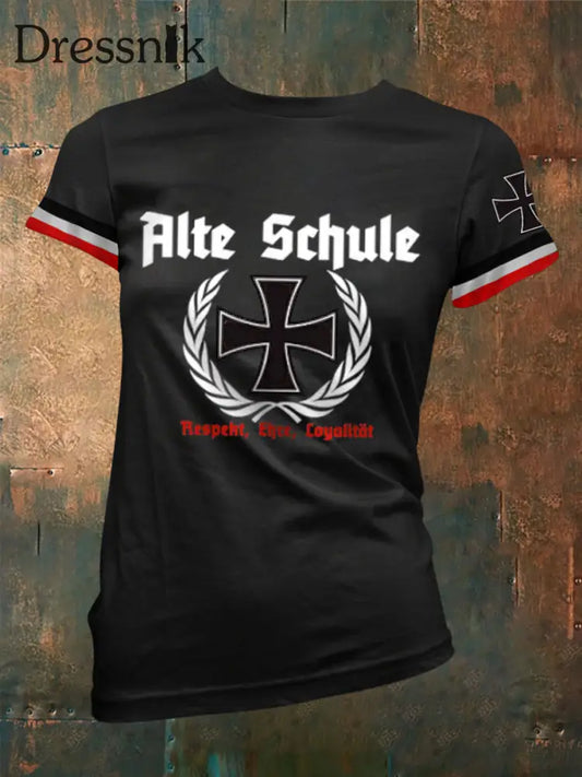 Kurzarm T-Shirt mit Aufdruck für Damen Alte Schule Schwarz / S