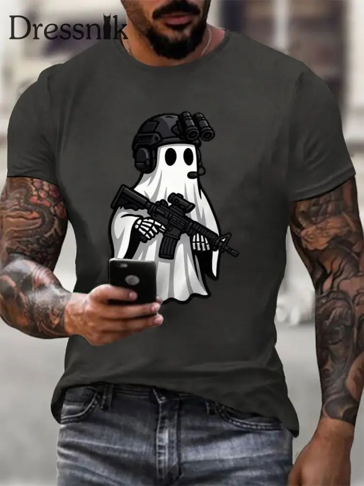Kurzarm-T-Shirt mit Halloween-Print für Männer Dunkelgrau / S