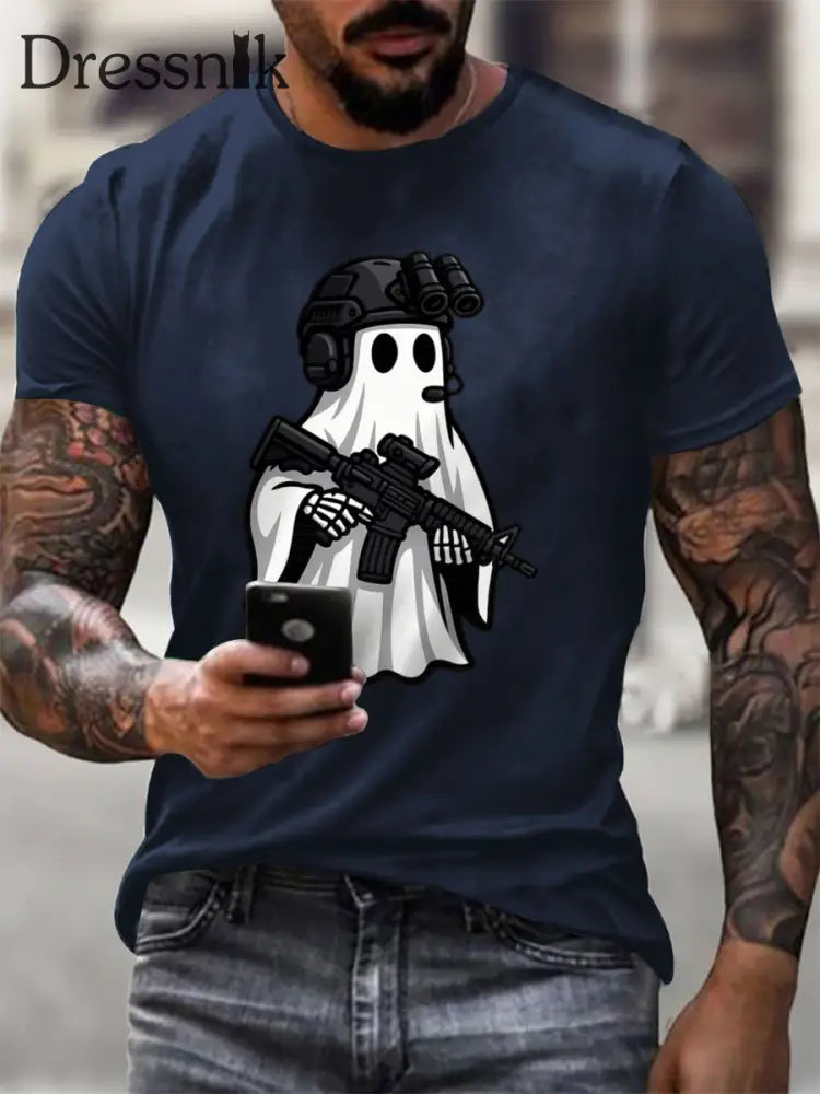 Kurzarm-T-Shirt mit Halloween-Print für Männer Marineblau / S