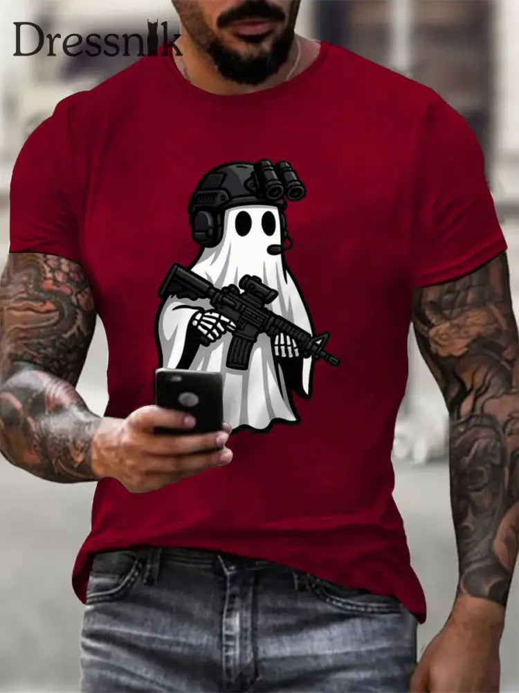 Kurzarm-T-Shirt mit Halloween-Print für Männer Tiefrot / S