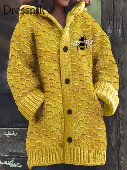 Kuscheliger Cardigan Mit Kapuze Und Bienen- Wabenmuster Yellow / S