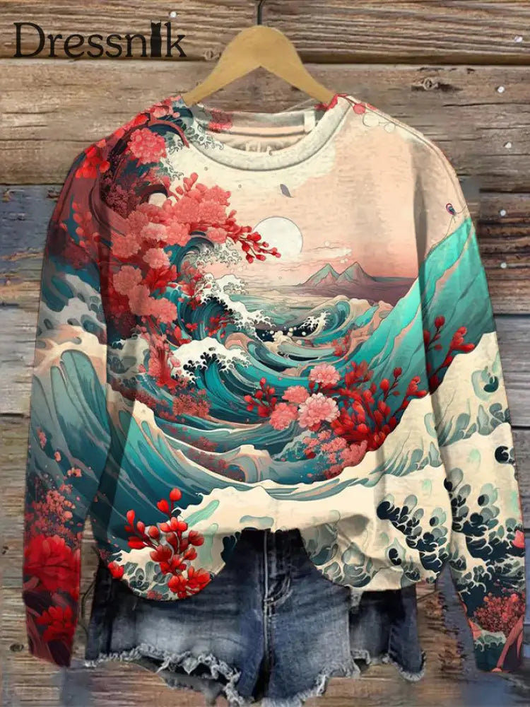 Lässiges Damen-Sweatshirt Mit Floralem Meereswellen-Motiv Und Japanischem Kunstdruck Red / S