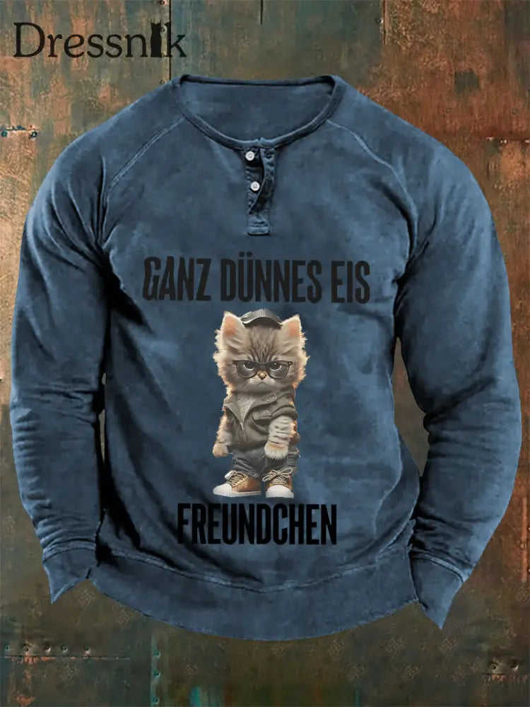 Lässiges Langärmliges Herrenhemd Mit Vintage-Katzenmuster Blau / S