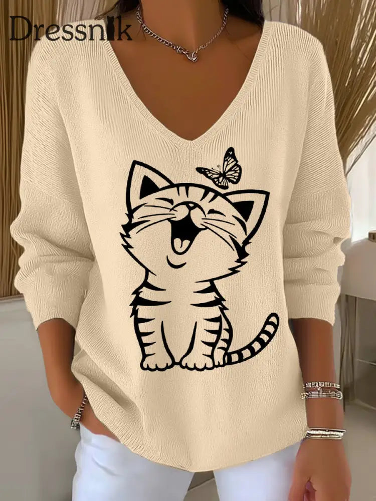 Lässiges Langarm-Top für Damen mit süßem Katzen druck Aprikose / S