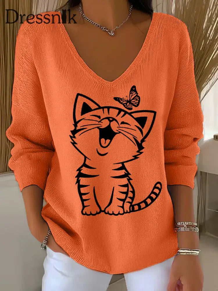 Lässiges Langarm-Top für Damen mit süßem Katzen druck Orange / S