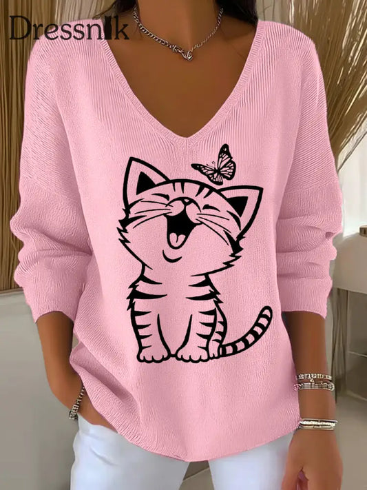 Lässiges Langarm-Top für Damen mit süßem Katzen druck Rosa / S